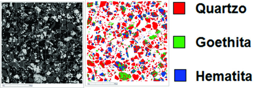 À esquerda, imagem de elétrons retroespalhados obtida da superfície de uma amostra de minério de ferro.
À direita, mapa mineralógico da amostra, onde cada fase mineral detectada foi classificada com uma cor específica. 

Imagens cedidas por Rafael de Souza Rodrigues, Samarco